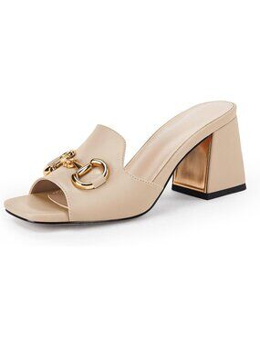 Women's Nude Mules Single Band Comfort Slip-on Shoes Metal Chain Chunky Heel